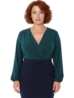 Ersefa Moda Büyük Beden Kruvaze Örme Regular Düz Desen Casual Günlük Regular Uzun Kol Bluz