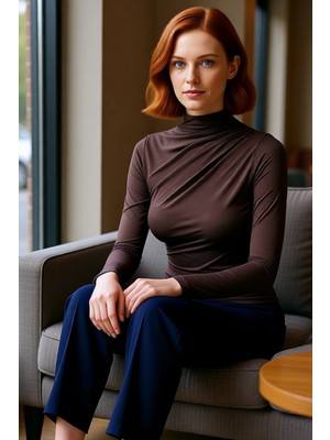 FRM Kadın Moda Şık Üst Giyim Crop Dik Yaka Slim Kalıp Örme Büzgülü Kare Yaka Vücuda Oturan Esnek Bluz