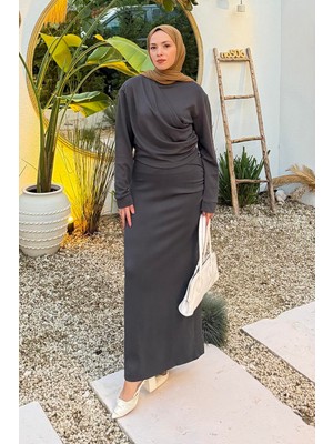 Lamelif Büzgülü Tesettür Elbise Antrasit