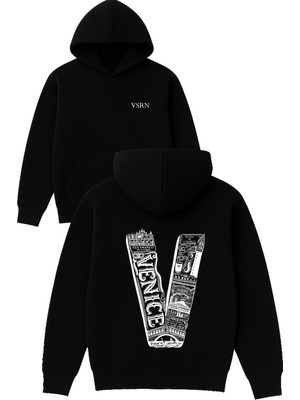 Vsrn Venice 1 Tasarım Baskılı Oversize Siyah Kapüşonlu Sweatshirt