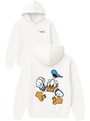 Vsrn Sinirli Duck Tasarım Baskılı Oversize Beyaz Kapüşonlu Sweatshirt