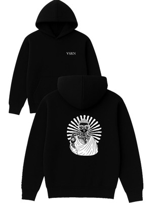 Dövmeli Kadın Tasarım Baskılı Oversize Siyah Kapüşonlu Sweatshirt