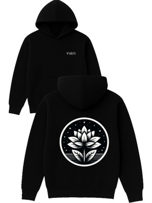 Vsrn Çiçek Tasarım Baskılı Oversize Siyah Kapüşonlu Sweatshirt