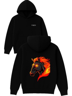 Vsrn Ateş Yeleli At Tasarım Baskılı Oversize Siyah Kapüşonlu Sweatshirt