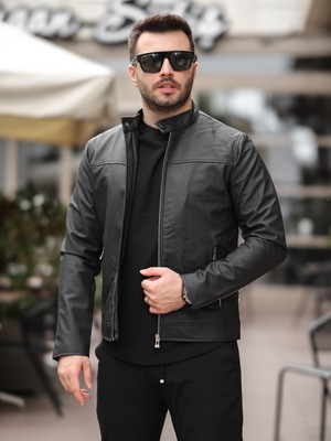 Baselco Yeni Sezon Erkek Premium Karbon Deri Slim Fit Mevsimlik Ceket