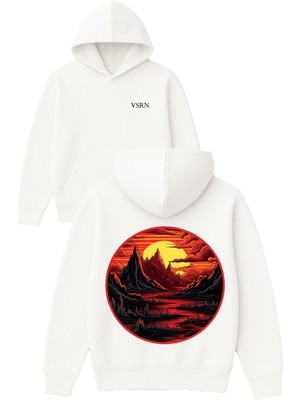 Vsrn Dag Manzarası Tasarım Baskılı Oversize Beyaz Kapüşonlu Sweatshirt