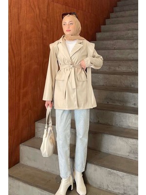 Lamelif Kruvaze Yaka Kuşaklı Deri Ceket Krem