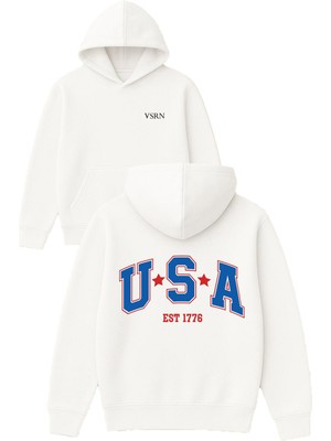 Vsrn Usa Est 1776 Tasarım Baskılı Oversize Beyaz Kapüşonlu Sweatshirt