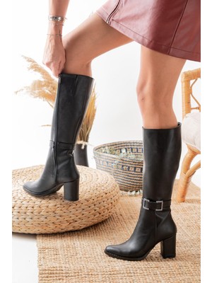 Asmi Shoes Kadın Lamor Yandan Fermuarlı Diz Altı Çizme  siyah cilt