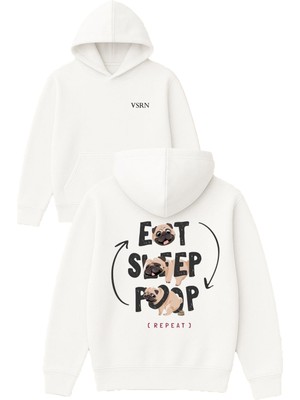 Vsrn Eat Sleep Pug Tasarım Baskılı Oversize Beyaz Kapüşonlu Sweatshirt