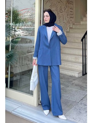 Lamelif Çizgili Ceket Tesettür Takım Indigo