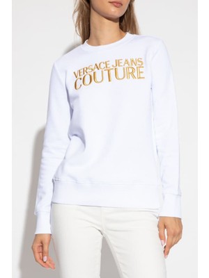 Versace Kadın Felpe Serigrafiche Nakışlı Logo Sweatshirt - Beyaz/gold