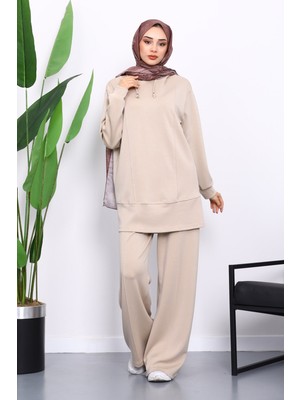 İmaj Butik Bej Kapşonlu Tunik Pantolonlu Takım