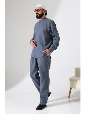 İhvan Online Erkek Müslin Hakim Yaka Cepli Gömlek Pantolon Ikili Takım, Hac Umre Kıyafeti - Füme (Ans)