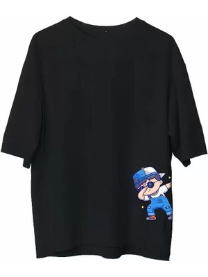 Moda Unisex Bisiklet Yaka Baskılı Oversize T-Shirt - Siyah