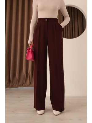 Hazel Kadın Vişne Arkası Lastikli Palazzo Pantolon