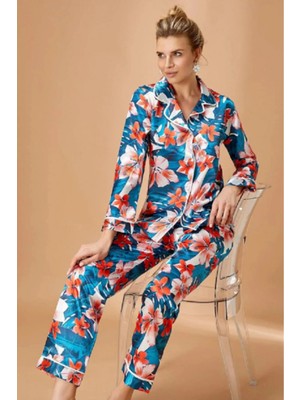 Alissa Kadın Yeşil Çiçek Desenli Boydan Düğmeli Saten Pijama Takımı W.6N7K6.5RK.T.K.S