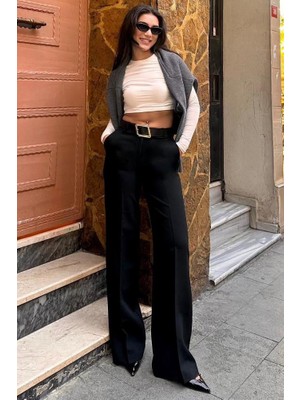 Madmext Kadın Siyah Yüksek Bel Kumaş Pantolon MG2285 Geniş Paça ve Cepli Tasarım