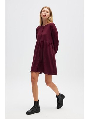 Peraluna Leah Büzgülü Düğmeli Mini Triko Gömlek Elbise - Bordo