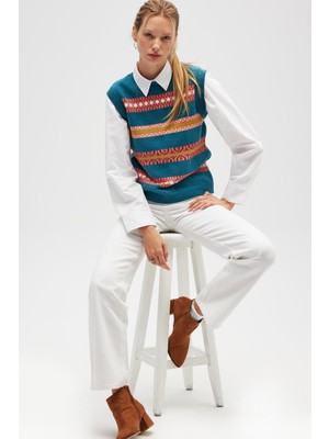 Peraluna Simone Kadın Jakarlı Triko Süveter - Ördek Yeşili Multi