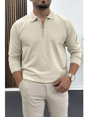 Edwox Erkek Yarım Fermuarlı Düz Desen Polo Yaka Kazak Krem EDW424