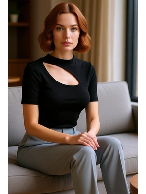 FRM Moda Bisiklet Yaka Örme Slim Düz Desen Casual Günlük Crop Kısa Kol Bluz