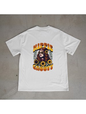 Urbvn Hippie Tasarım Baskılı Beyaz Oversize T-Shirt