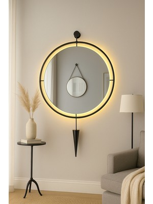 Wallover Design Elara – Kablosuz Pilli (Piller Hediye) LED Işıklı Siyah Konikli Ayna | Büyük Boy Dekoratif Tasarım