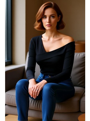 FRM Kadın Vücuda Oturan Crop Örme Bluz Asimetrik Yaka Uzun Kol Kaliteli Şık Rahat Modern Zarif