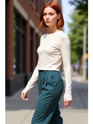 PayBuy Kadın Pembe Viskon Ribana Dokulu Fitted Bisiklet Yaka Uzun Kollu Crop Bluz Günlük Kullanıma Uygun
