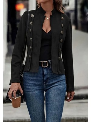 Kadın Uzun Kollu Hakim Yaka Yanlardan Düğmeli Kısa Süet Ceket
