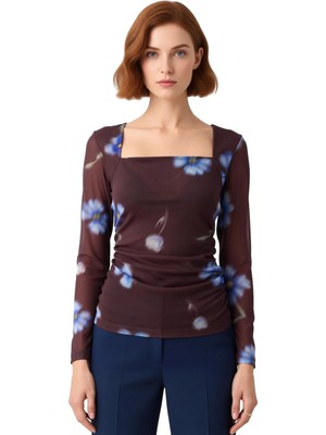 Ersefa Kadınlar Için Kare Yaka Büzgülü Çiçek Desenli Uzun Kollu Örme Bluz Kaliteli Şık Rahat Modern