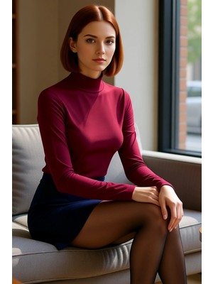 FRM Kadın Moda Şık Regular Dik Yaka Slim Kalıp Örme Fitted Vücuda Oturan Kollu Fitilli Esnek Bluz