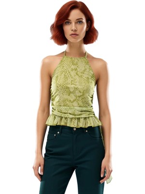 Ersefa Kadın Baskılı Tül Halter Yaka Fırfırlı Üst Kaliteli Şık Rahat Modern Zarif Günlük