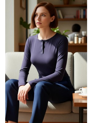 FRM Kadın Fitted Uzun Kollu Bisiklet Yaka Düğmeli Örme Üst Kaliteli Şık Rahat Modern Zarif Günlük