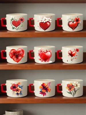 Lili Hediyelik Çiçekler ve Kalpler Baskılı 9'lu Kupa Bardak - Öğretmenler Günü Hediyesi, Öğretmene Hediye