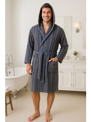 Lucy and Home %100 Pamuk Ipliği Boyalı Çizgili Kadife Bornoz