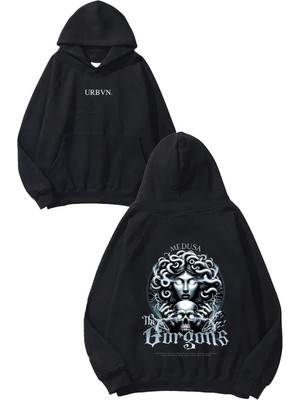 Urbvn The Gorgons Tasarım Baskılı Oversize Siyah Kapüşonlu Sweatshirt