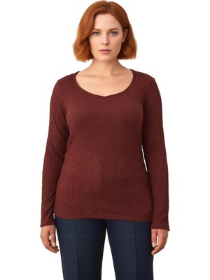 Ersefa Kadın Gofre Dokulu V Yaka Uzun Kollu Örme Üst Kaliteli Şık Rahat Modern Zarif Günlük