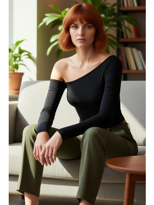 FRM Kadın Uzun Kollu Asimetrik Yaka Örme Crop Üst Kaliteli Şık Rahat Modern Zarif Günlük