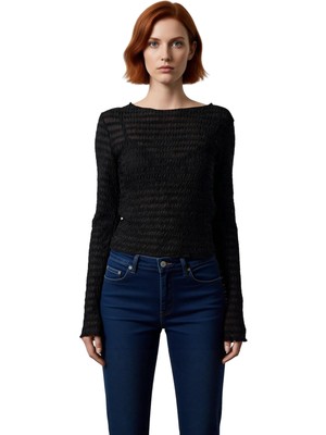 Ersefa Stil Kadın Fitted Vücuda Oturan Dokulu Tül Esnek Bluz Regular Örme Slim Kalıp