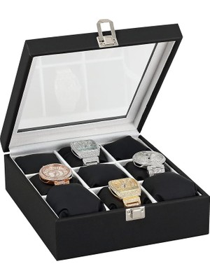 9 Lu Ahşap Üzeri Siyah Deri Cam Kapaklı Saat Kutusu St9-22