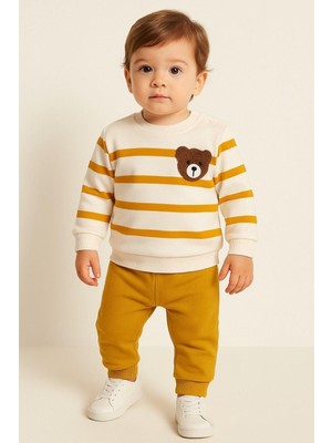 Dinamik çocuk Çizgili Punch Ayıcık Omuzdan Çıtçıtlı Bebek Takımı 2li Alt Üst Mevsimlik Aylık 3-6-9-12AY