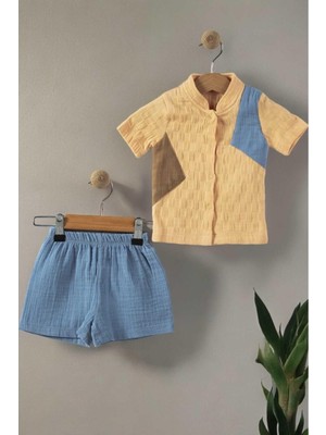 Dinamik çocuk Hakim Yaka Renk Bloklu Müslin Şortlu Tarz Alt Üst 2li Erkek Bebek Takım Pamuk+Müslin 6-9-12-18-24AY
