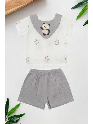 Dinamik çocuk Panda Yaka Nakışlı Raporlu Müslin 2li Takım Unisex Kız Erkek Bebek Yazlık Alt Üst Aylık