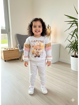 Şimo Butik Bayramlık Kız Çocuk Peluş Detaylı Kabartmalı Kalın Takım Cepli %100 Pamuk Labubu