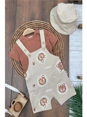 Dinamik çocuk Ayıcık Baskılı Safari Şapkalı Omuzdan Çıtçıtlı Badi Yazlık Erkek Bebek Salopet Takım