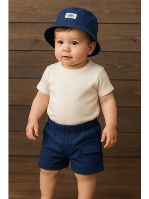 Dinamik çocuk Oversize Safari Şapkalı Cep Detaylı Omuzdan Çıtçıtlı Waffle Tshirt Yazlık Erkek Bebek Takım Aylık