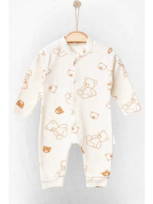 Dinamik çocuk Unısex Bebek Ayıcık Baskılı Fitilli Kumaş Çıtçıtlı Yenidoğan Bebek Tulumu %100 Pamuk Esnek 1-3-6AY