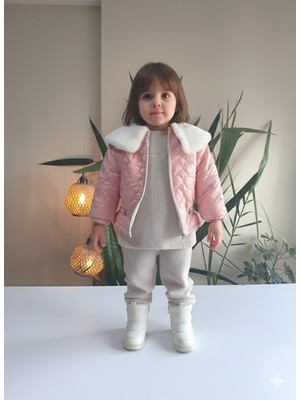Şimo Butik Kız Bebek Montlu Üçlü Takım (Sweatshirt+ Kürklü Yaka Mont +Pantolon)